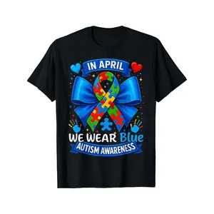 In April We Wear Blue Autism Awareness T Shirt Colorful Puzzle Piece & Heart Design Casual Crew Neck Regular Fit Slight Stretch Fabric Perfect for Adults Autism Awareness Apparel Vibrant, PLUS SIZE