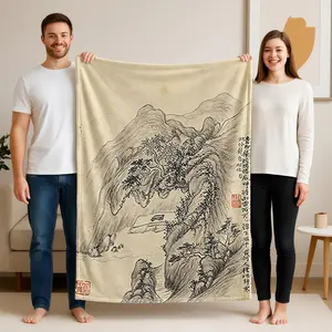 1 piece Ming Dynasty Wen Zhengming Landscape Ink Bamboo Scroll themed flannel blanket - Flannel blanket with modern design, suitable for sofas and beds, all-season use, super soft and comfortable, digitally printed pattern, 100% polyester material