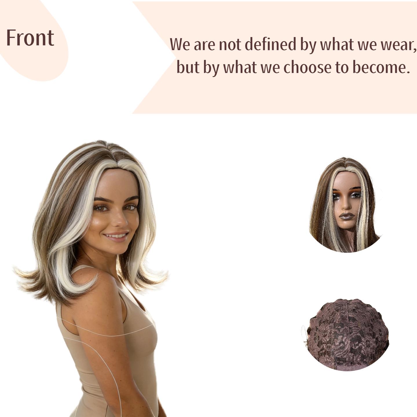 Piano-Color Wig — Women's Light Brown Wig with White Highlights, 19 Inches — Suitable for Daily Wear and Parties