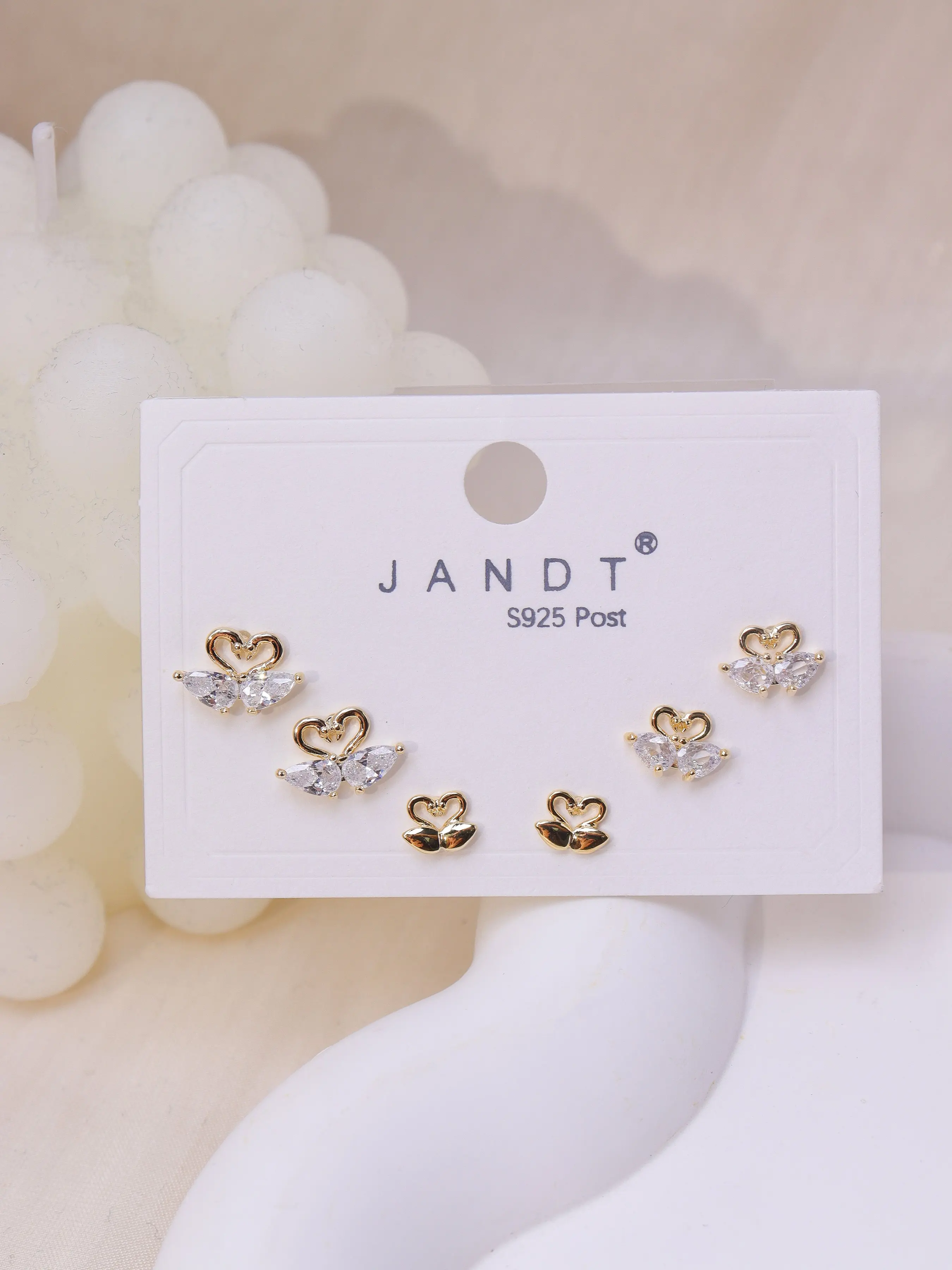 Elegant Zircon Swan Stud Earrings for Women, Set of 3 Pairs, Small and Delicate Design, Perfect for Daily Wear, Fashionable Jewelry, Heart Earrings, Dainty Earrings
