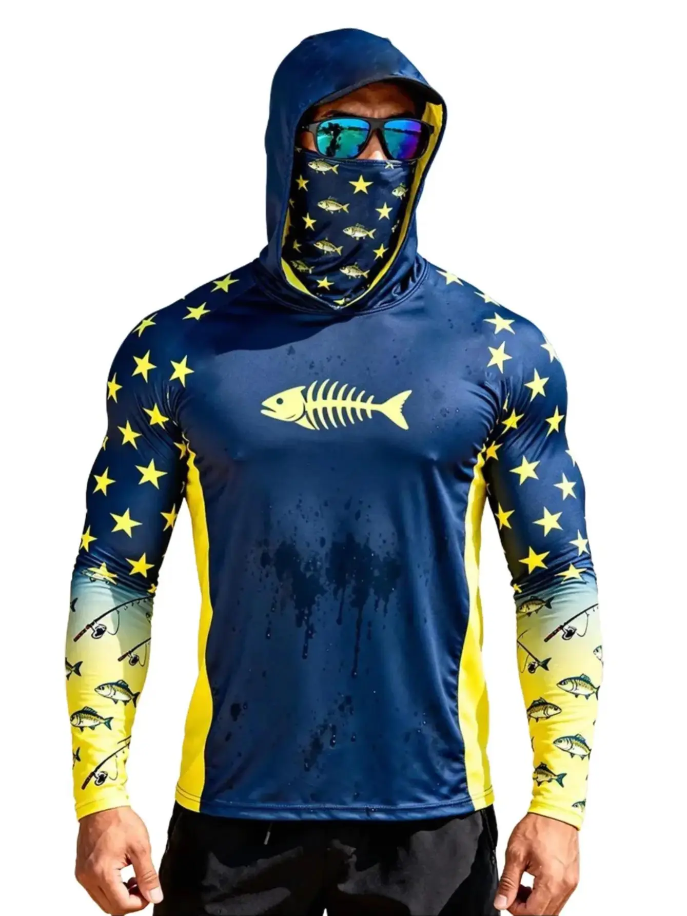 Y2K wind, navy blue yellow starfish gradual change Raglan men's fishing hoodie, long-sleeved sunscreen, with built-in starfish print mask, light and quick-drying outdoor fishing top, with front fish bone pattern athletic fit