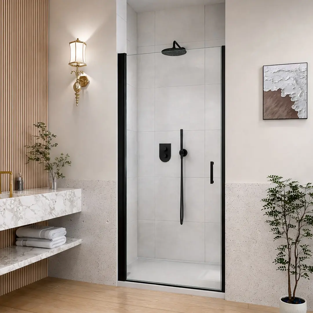 24" W x 72" H Semi-Frameless Circular Pivot Shower Door with 1/4" SGCC Tempered Glass, Reversible Left/Right Installation, Matte Black or Chrome Aluminum Frame, Zero-Leakage Magnetic Seal, for Bathroom Shower Enclosure, Chrome/Matte Black
