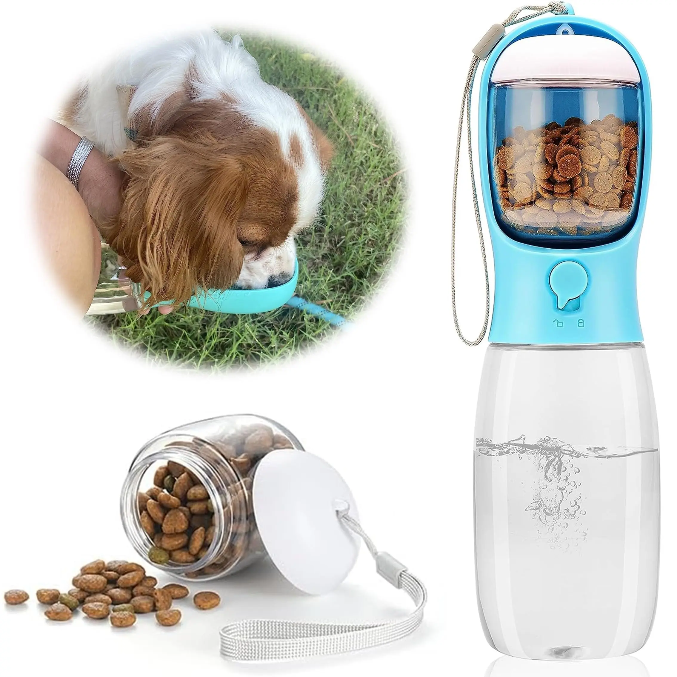 2-in-1 19oz (550ml) Portable Pet Outdoor Water Bottle with Food Container, Automatic Feeder Water Dispenser for Dogs, Cats for Walking, Hiking (Blue)