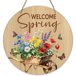 Spring Welcome Sign, Floral Wheelbarrow Hanging Signs For Front Door Porch Wall Outdoor Home Farmhouse, Housewarming Gifts For Family Friends, Spring Welcome Sign For Front Door - A01