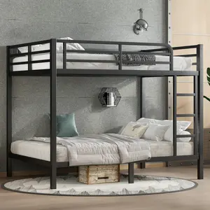 Full Over Full Bunk Bed Frame, Heavy Duty Metal Loft Bed for Adults/Teens, 350/500LB Capacity w/Ladder & Guardrail, Noise-Free Steel Slats, No Box Spring Required, Black
