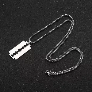 Trendy Titanium Steel Chain with Exquisite Link Design – Hard Texture & Layered Look, Razor Blade Pendant with Sleek Lines & Metallic Shine, Ideal for Hip - Hop Outfits