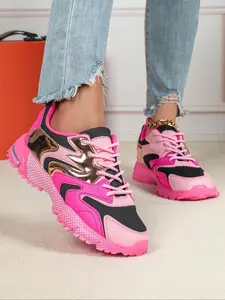 Women's Fashionable Colorblock Lace Up Platform Sneakers, Casual Comfortable Breathable Sports Running Shoes, All-match Round Toe Chunky Sneakers for Daily Wear