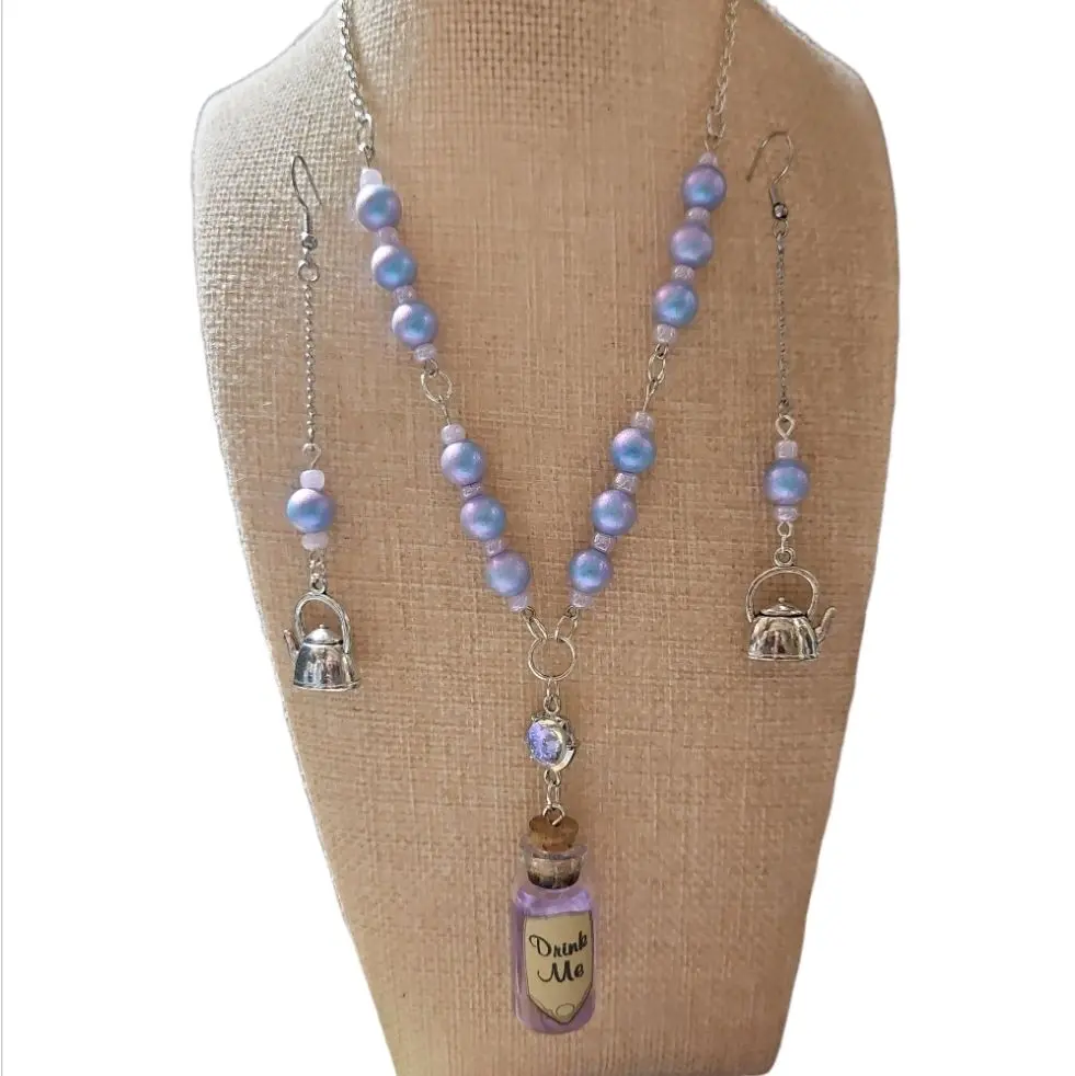 Alice in Wonderland 2-Piece Jewelry Set, Dainty Necklace and Earrings for Women
