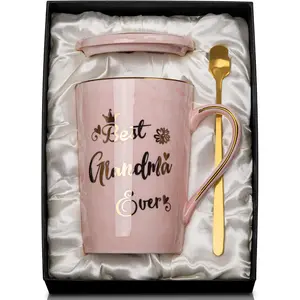 Grandma Gifts for Grandma, Mothers Day Birthday Gift for Grandmother from Granddaughter Grandson - 14Oz Pink Marble Ceramic Coffee Mugs Print with Real Gold - Lid Spoon Card, Box