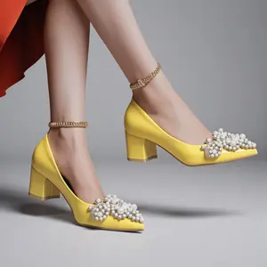 Elegant temperament women's single shoes pointed head thick heel imitation pearl rhinestone high heels four seasons wear women's shoes large size