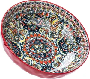 Large Serving Bowls, 75 Oz Fruit Salad Bowls, Bohemian Style Large Porcelain Dishes for Entertaining Parties,Big Bowls for Eating Soup, Salad, Pasta, Fruit, Chips, 10.3 Inch Diameter (red)