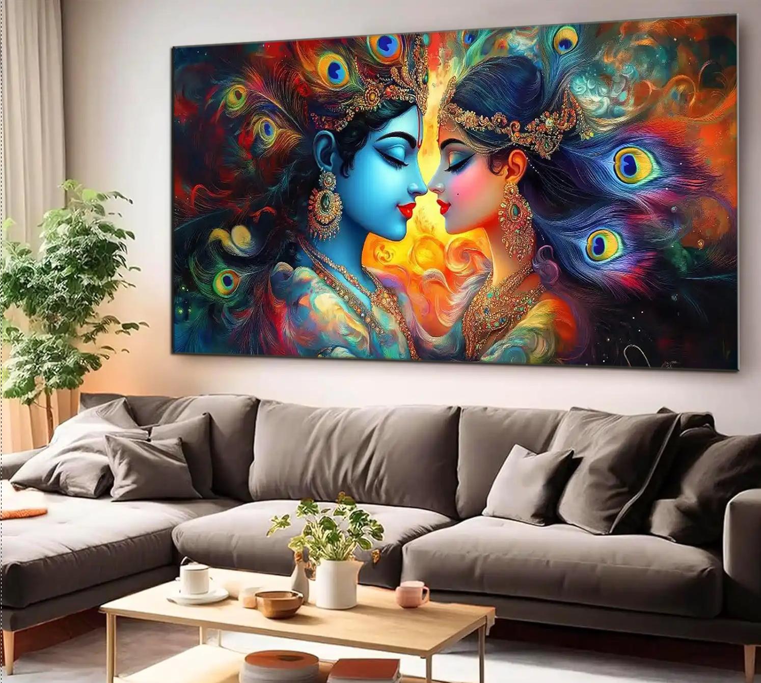 1 Canvas Painting with Wood Frame - Modern Krishna and Radha Statue Art - Gorgeous Hindu God Detail Painting, Religious Home Decor |   Modern Religious Art, Indian Style Home Decor, Large Canvas Wall Art for Room, Bedroom, Living Room, Office Decoration A