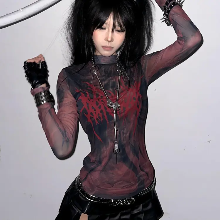 Grunge Tie‑Dye Mesh Long Sleeve Top High Neck Sheer Slim Fit Gothic Streetwear Blouse