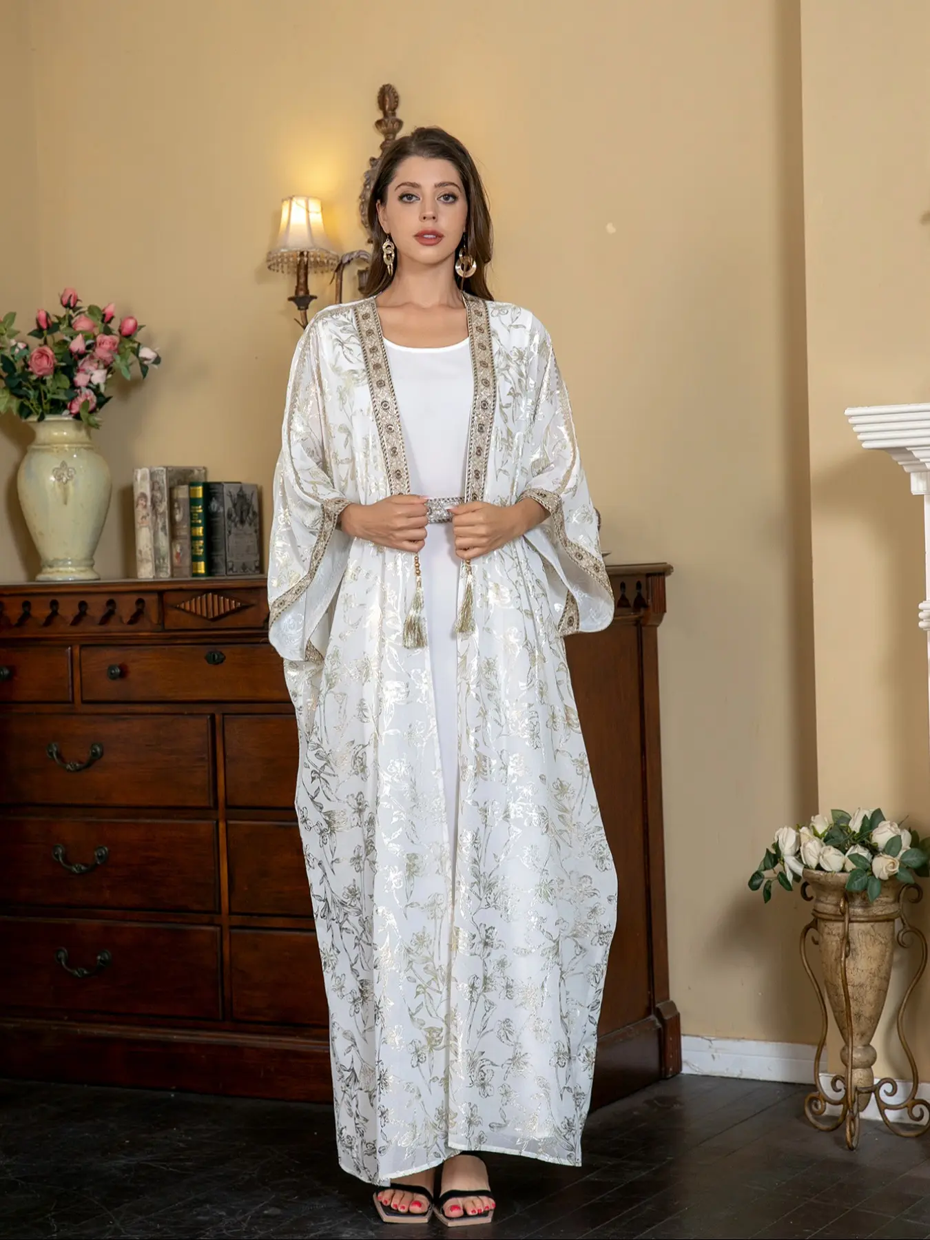 Women's Floral Pattern Long Sleeve Open Front Abaya & Dress Two-piece Set, Elegant Round Neck Long Dress & Long Outerwear Set for Party Wedding Guest, Ladies Islamic Clothing Modest Muslim Outfits for All Seasons