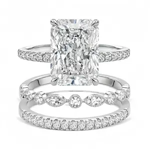 EAMTI 3CT 925 Sterling Silver Radiant Cut Zircon Ring for Women - Elegant Rhinestone Rectangle Design, Wedding Promise Engagement Jewelry, Party Gift with Nugget Spinner stack