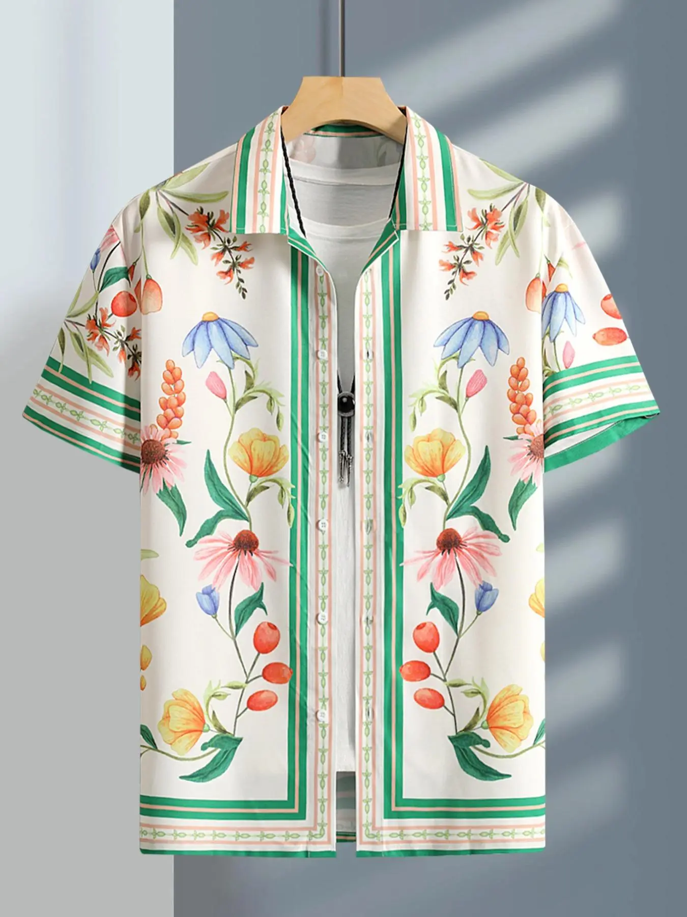 Men's Floral Print Button Front Vintage Shirt without Tee & Necklace, Back To School Outfits, Regular Fit Casual Short Sleeve Collar Shirt, Summer Clo