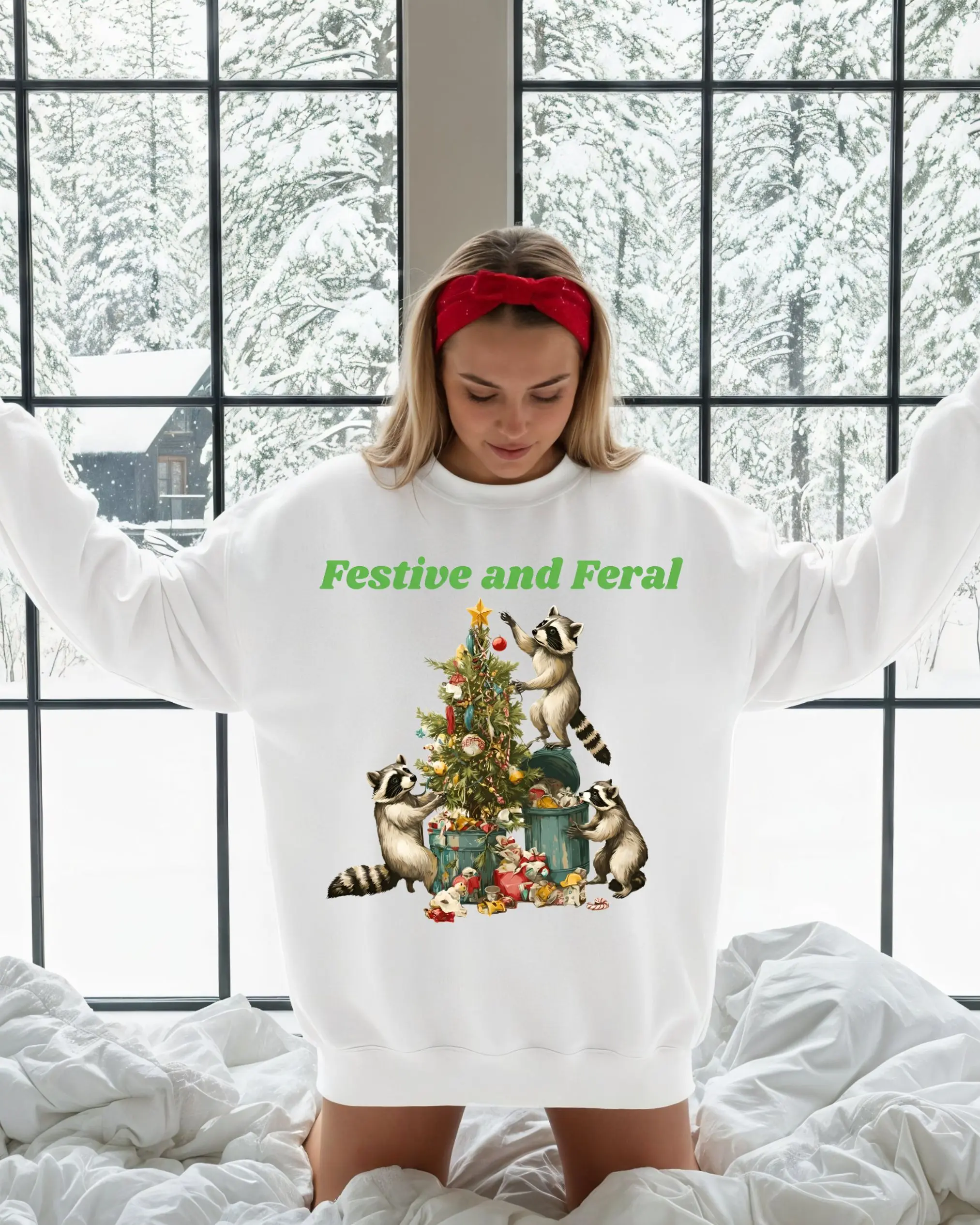 Festive and Feral Christmas Sweatshirt Unisex Oversized Long Sleeve Crewneck Cozy Fleece Pullover with Raccoon Print Viral Gift for Her Loungewear & Family Outfit Ultra Soft Cotton Poly Blend