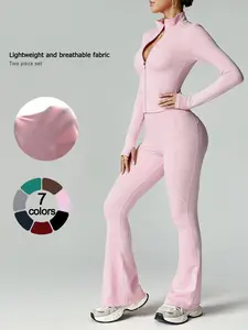 Two piece womens activewear set, Sweatsuit Set, featuring a full zip stand collar jacket with long sleeves and wide leg pants with butt lifting design, comfortable breathable yoga gym running and casual solid color sportswear Yoga Clothes Set