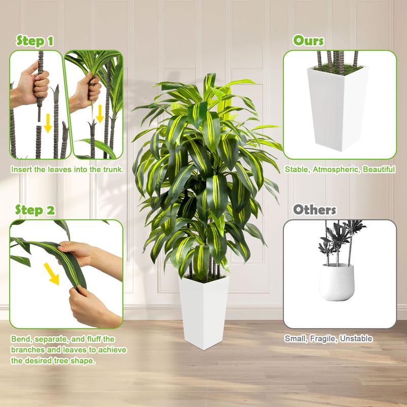 5FT 6FT Artificial Dracaena Tree – Tall Fake Indoor Floor Plant with Black or White Planter – Large Faux House Plants for Living Room Bedroom Office Home Decor, Gift Idea for Housewarming & Home Decorations