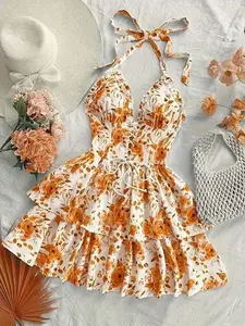 Spring Easter Floral Dress - Retro Blue & White Watercolor Rose Print Halter Tie-up Tiered Ruffle Mini Dress | Beach Vacation & Brunch Outfit