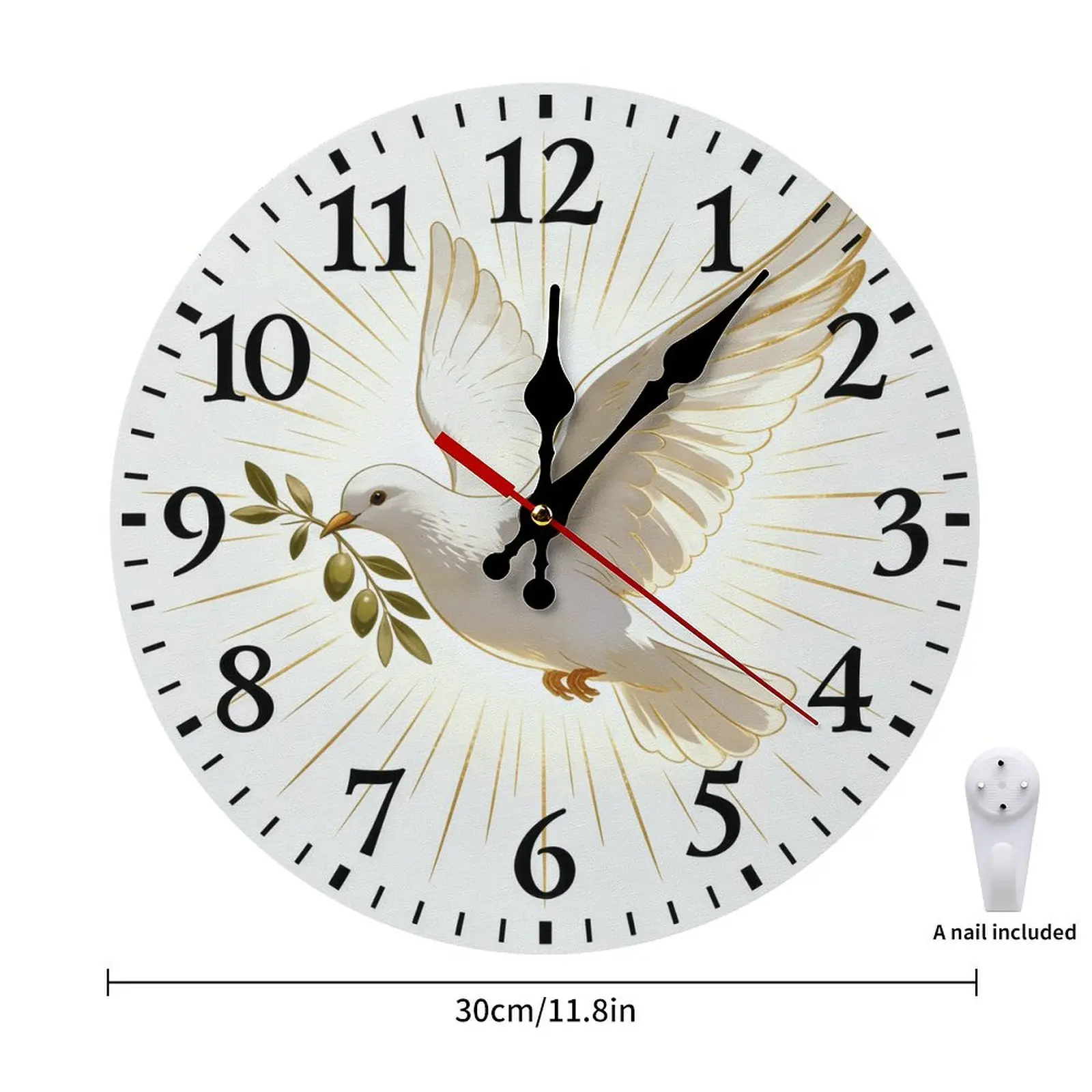 Wooden Round Religious Christian Inspirational Peace Dove Olive Branch Analog Wall Clock - Nail-Mounted Compatible, DIY Assembly Required, Silent Non-Ticking, 10in-12in, Battery-Operated Adult Home Decor for Wedding, Room Decor, Analog Clock