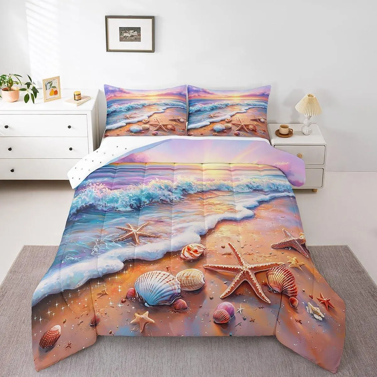 Beach Bedding Set for Kids Teens Adults Colorful Shell Starfish Print Comforter Set,Ocean Theme Comforter Coastal SunSet,Home Room Decor Soft Waves Quvet Quilt