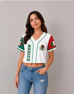 Mexico Crop Baseball Jersey Women, Custom Name Mexican Flag Fan Shirt, Button Up Crop Top, Soccer Festival Outfit Streetwear Tee