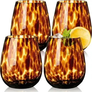 Tortoise Shell Stemless Wine Glasses Set of 4, Brown Decorative Tumbler Cups for Wine & Drinks， Stemless Drinking Glasses for Wedding Gifts, Housewarming, Cocktail Party
