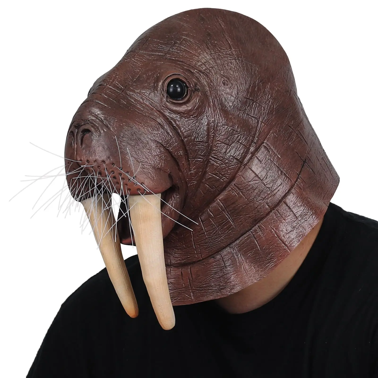 Realistic Animal Head Narwhal Full Latex Costume Mask - Comfortable, Lightweight, Realistic Dark Brown Skin, Ivory-Beige Tusks, Black Round Eyes for Halloween Ocean-Themed Cosplay, Short Video Shooting, Realistic Masks, Animal Head Mask