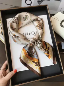 Champagne Feather Colorful Four-Leaf Flower Silk Floral Print Scarf, Versatile 70cm Neck Tie, Hairband & Shawl, Vintage Elegance Necklace Decoration