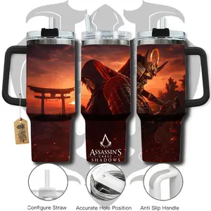 HardTimesMerch 40oz Handle Tumbler - Assassin’s Shadows #3 Stainless Steel Insulated Water Bottle, Black 40oz Cap & Handle, Lid, Washable Mug, Game-Inspired Vacuum Insulation Drinkware, Gamer Gift