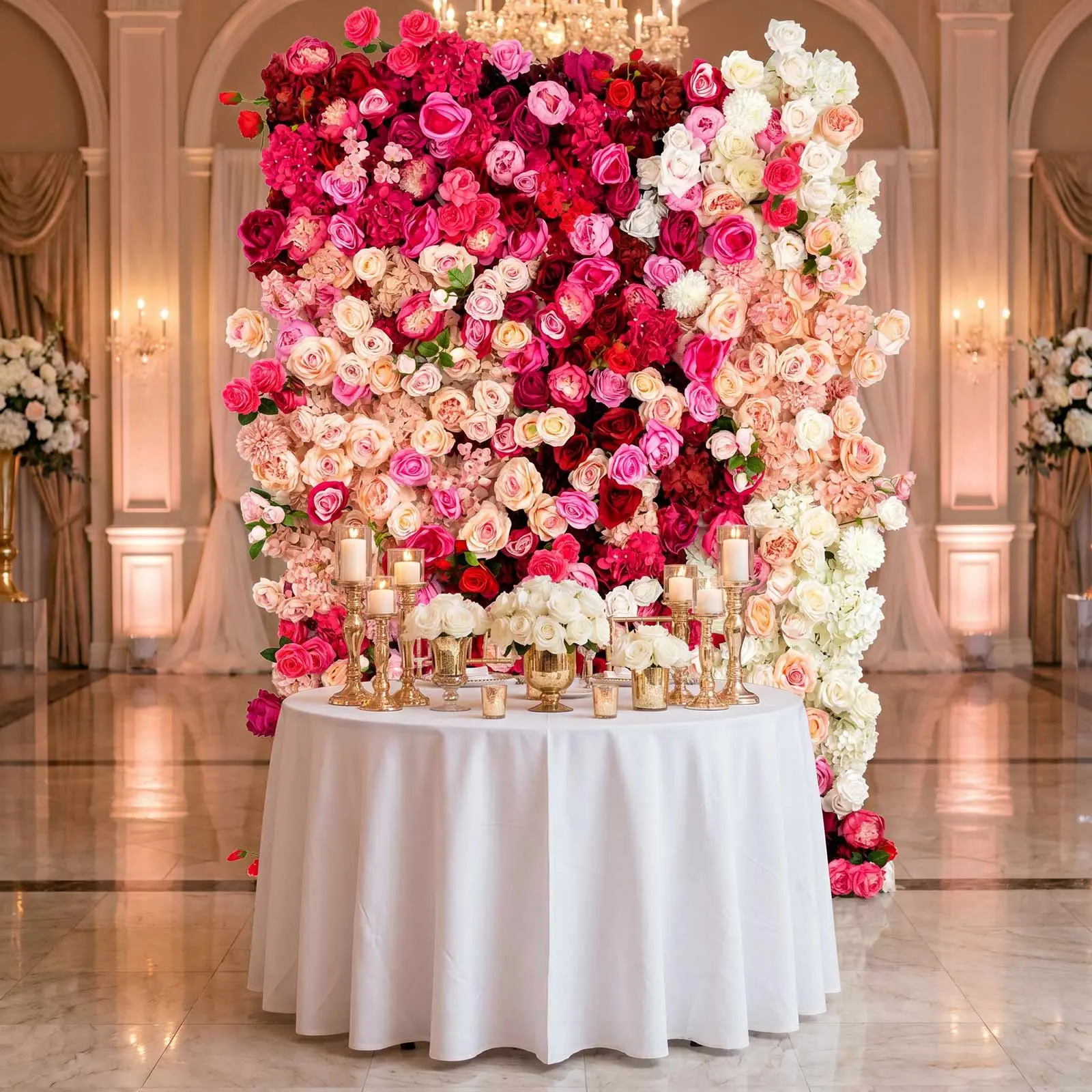 eFavormart Roll Up Floral Backdrops & Banners - 8ft x 4ft Mixed White, Pink, Red Silk Roses, Hydrangeas, Peonies with Fabric Backing