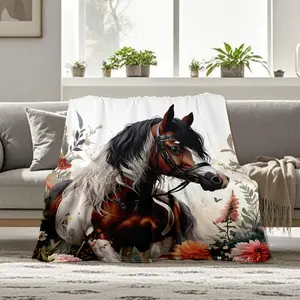Vintage Horse & Floral Print Flannel Blanket - Soft Warm Anti-Tear All-Season Throw for Camping, Travel, Home Decor - Machine Washable Cozy Gift for Friends & Family, Picnic Blanket