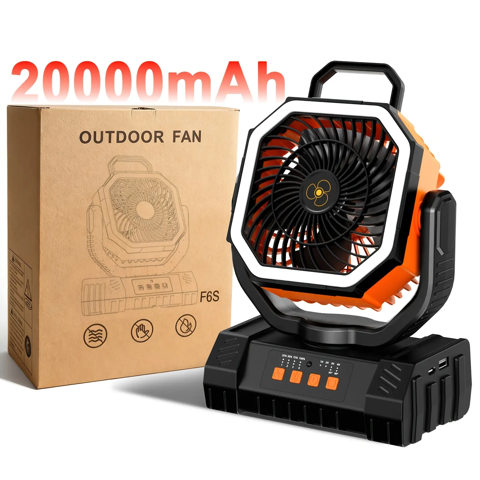 20000mAh Camping Fan, Rechargeable Portable Outdoor Tent Fan with LED Light, Remote Control & Hanging Hook, Wireless 4 Speed Adjustable Fan for Camping & Outdoor Activities
