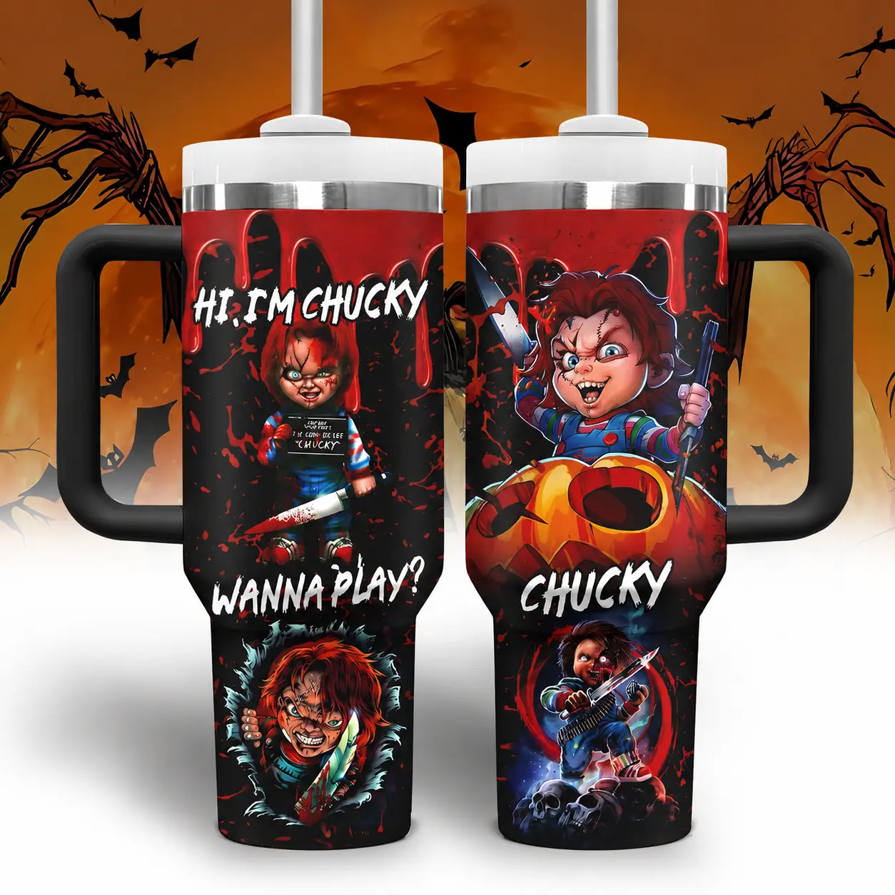 Chucky 40oz Tumbler with Handle & Straw, Horror Movie Inspired Insulated Travel Mug, Wanna Play Halloween Stainless Steel Cup, Spooky Slasher Fan Gift, Double Sided Hot & Cold Drink Tumbler