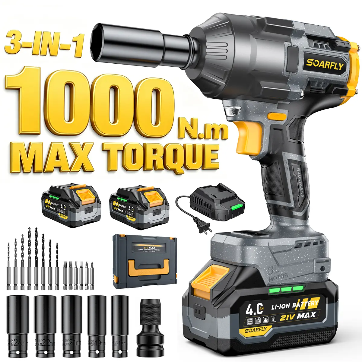SOARFLY Impact Wrench, 6 Screwdriver Bit, 8 Drill Bit, 6 Sockets, 2x 4.0Ah Batteries, Fast Charger, For Car, Trucks