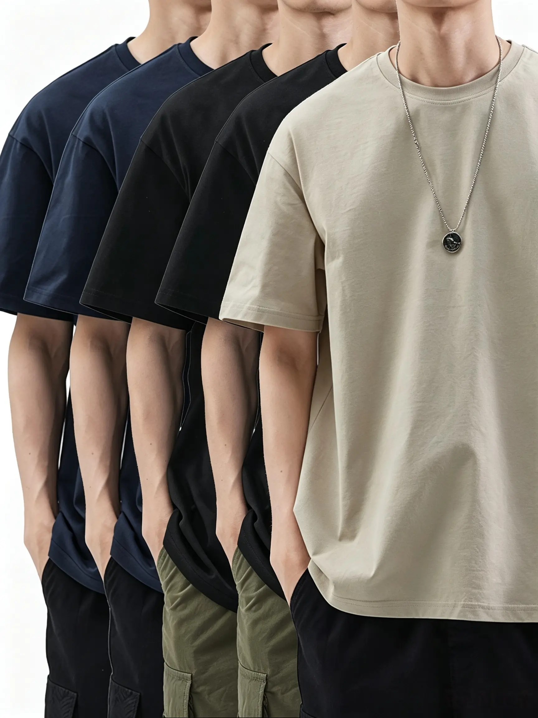 5-Piece Set 180g Cotton T-shirts - Casual Crew Neck, Short Sleeves Solid Color T-shirt, Comfortable Tee Shirt Fabric Man Streetwear Beige