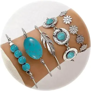 Vintage Turquoise Bangle Bracelet Western Bracelet Bohemian Silver Plated Simple Oval Geometric Beaded Stackable Bracelets for Women Trendy Jewelry Gifts