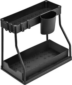 Under Sink Organizer, 2 Tier Sliding Cabinet Storage Rack with Hooks, Pull Out Under Sink Storage, Space Saving Bathroom Organizer, Kitchen Sink Organizer, Plastic Cabinet Shelf for Cleaning Supplies, Pantry & Laundry Room