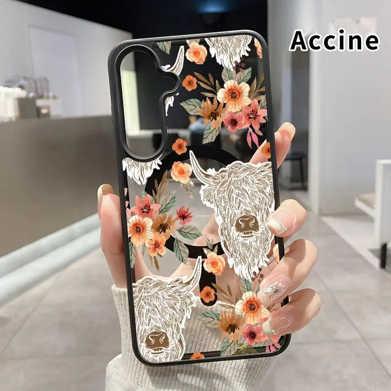 Magnetic Phone Case Compatible with Samsung Galaxy S26 S23 Ultra S24 Plus S25 S22 Bison Floral Symphony Acrylic Transparent All Coverage support wireless charging Cell Phone Cover Gift for Boy, Smartphone, Handheld, Protection