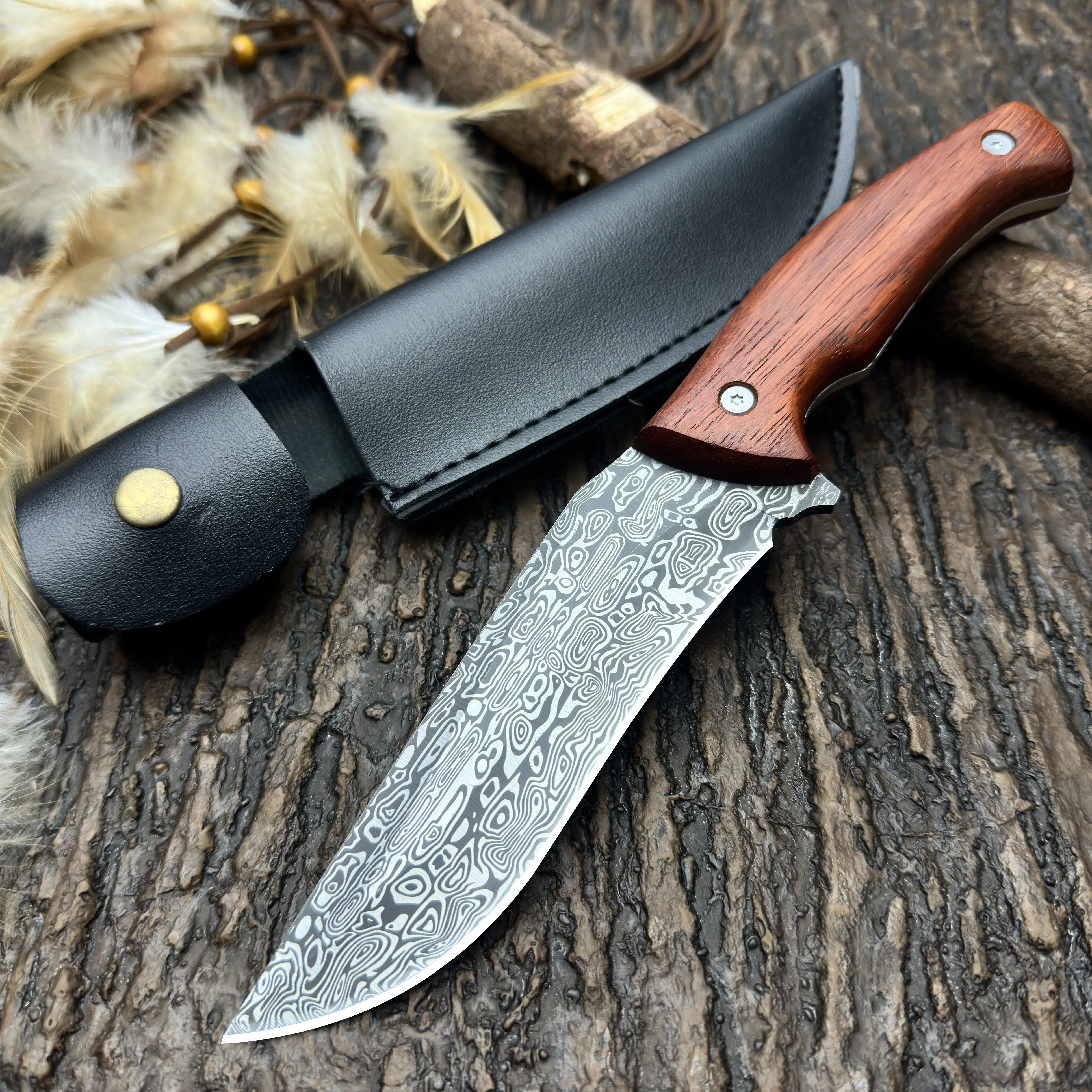 Hand-Forged Damascus Kitchen Utility Knife, Fixed Blade with Wood Handle & Leather Sheath