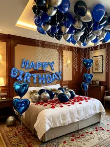 593pcsBlue Birthday Party Decoration Set Includes 16" Happy Birthday Banner Includes 500 pieces of simulated petals,10pcs 18" Foil Heart Balloons Blue Black Silver Latex Balloons Ribbons For Baby Shower Men's Party Graduation Ceremony Viral Photo Backdrop
