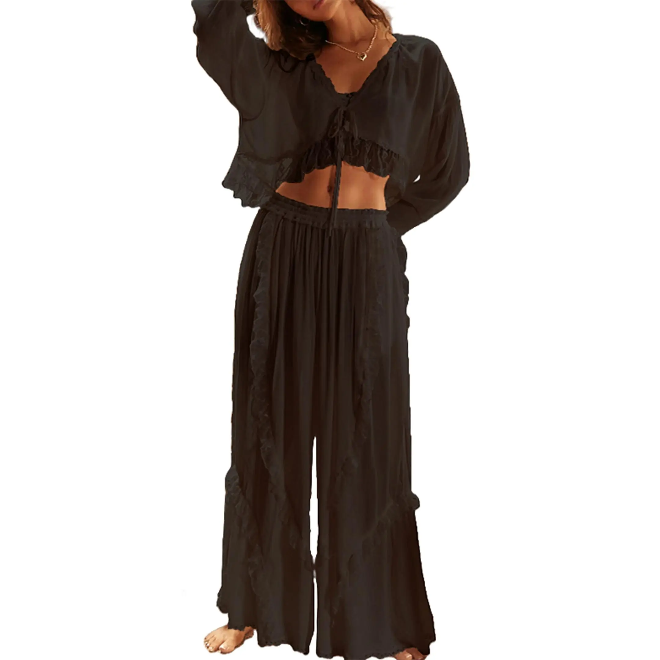 Women 2 Piece Casual Pajamas Set Tie front Lace Trim Crop Shirt Ruffle Hem Wide Leg Pants Loose Lounge Set Valentine's Day Pj Set