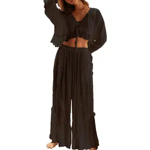 Women 2 Piece Casual Pajamas Set Tie front Lace Trim Crop Shirt Ruffle Hem Wide Leg Pants Loose Lounge Set Valentine's Day Pj Set