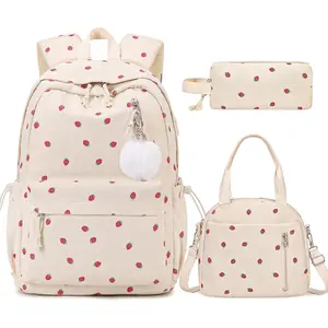 Backpack for Girls - Corduroy Girls Backpack with Lunch Bag & Pencil Pouch for Teen  Laptop Backpack for Women, Middle High School Bookbag Travel Daypack (Beige Strawberry)