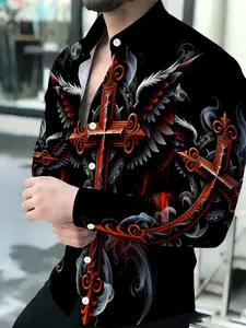 Men's Breathable Lapel Long Sleeve Cardigan with Gothic Black Red Cross Wings Smoke Print