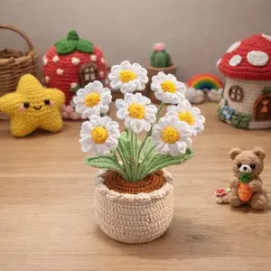 Crochet Daisy Flower Pot – Handmade Desk Decor, Handmade Crochet White Daisy Flowers In Pot