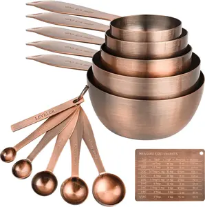 Measuring Cups and Spoons Set, 12 count Stainless Steel Measuring Cup Set, Metal Copper Measuring Cups Spoons, Dry & Liquid Kitchen Measure Cup Spoon & Leveler & Measure Equivalents