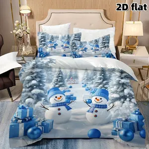 2D Flat 3Pcs Cartoon Snowman Duvet Cover, Winter Forest Scenery Bedding with Gift Boxes & Blue Ornaments, Soft Microfiber for Bedroom Decor, Christmas Holiday Themed, Unfilled (1 + 2 Pillowcases)
