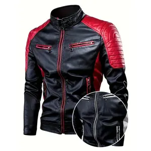 Men's Stylish Black & White Jacket - Trendy Zip-Up with Multiple Pockets, Stand Collar, Long Sleeve for Fall/Winter, Perfect for Cycling & Casual Wear